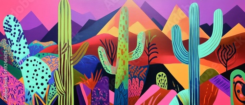 Cacti in vibrant colors against a sunset backdrop, showcasing desert landscapes with abstract art elements and warm hues, perfect for nature and travel themes. photo