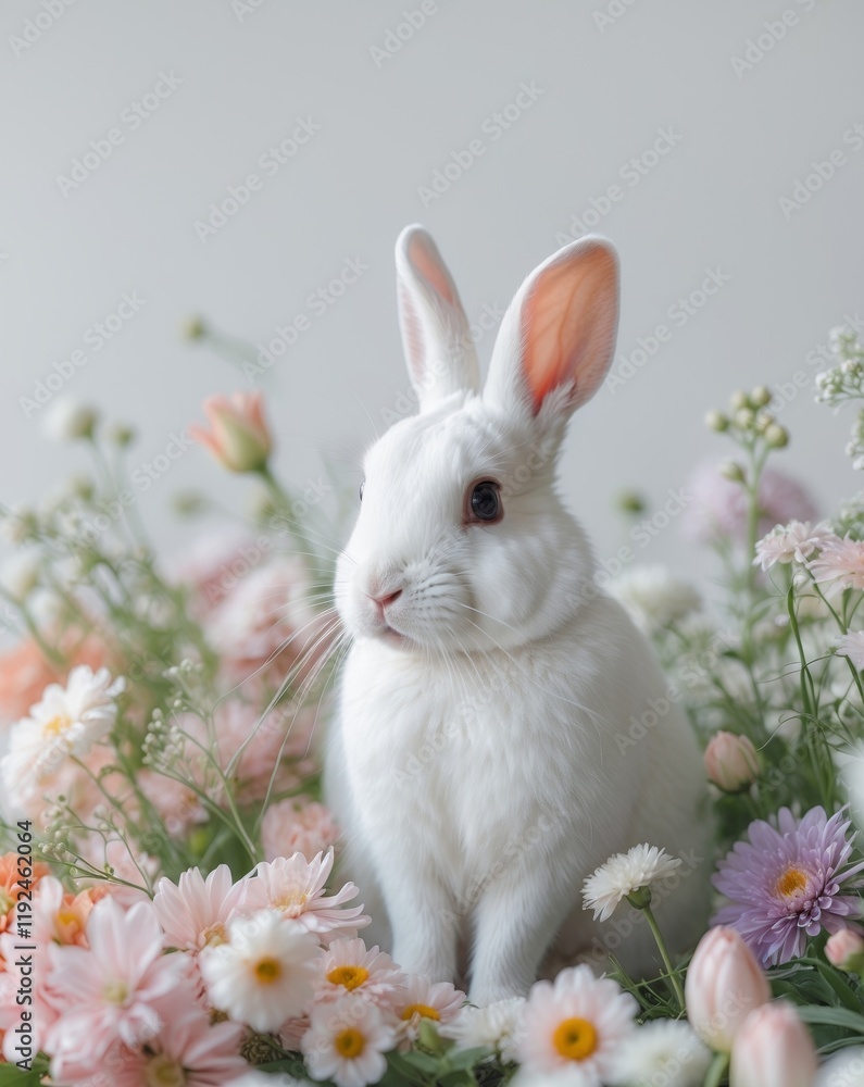 Obraz premium there is a white rabbit sitting next to a bunch of flowers