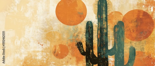 Cactus silhouette against a colorful abstract background with sun and desert theme. Perfect for art, nature, and southwestern decor inspiration. photo