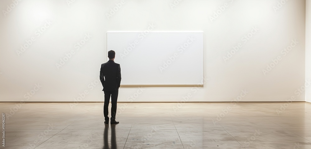Gallery scene with a man in a suit facing a blank white canvas. Gallery scene with a man in a suit facing a blank white canvas.