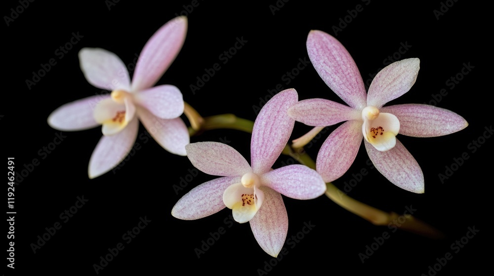 Fototapeta premium A close-up shot of three pink flowers on a single stem, with blurred background