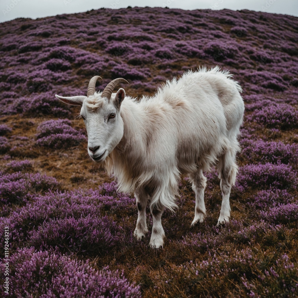 Fototapeta premium A goat grazing on a hillside covered in purple heather.