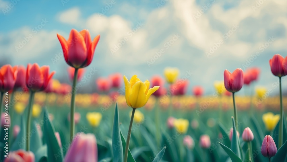 Fototapeta premium Vibrant Colorful Tulips Blooming Field Spring Flowers Garden
