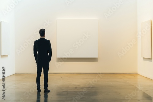 Gallery atmosphere with a man viewing a blank white canvas.