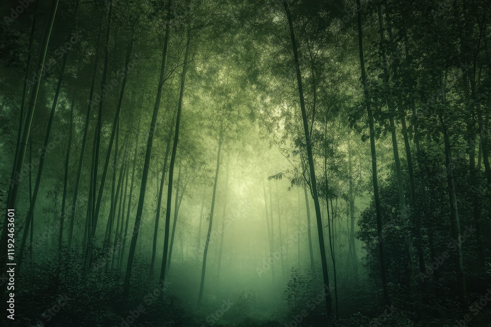 Naklejka premium Ethereal Bamboo Forest in Fog, Moody and Mystical Landscape.