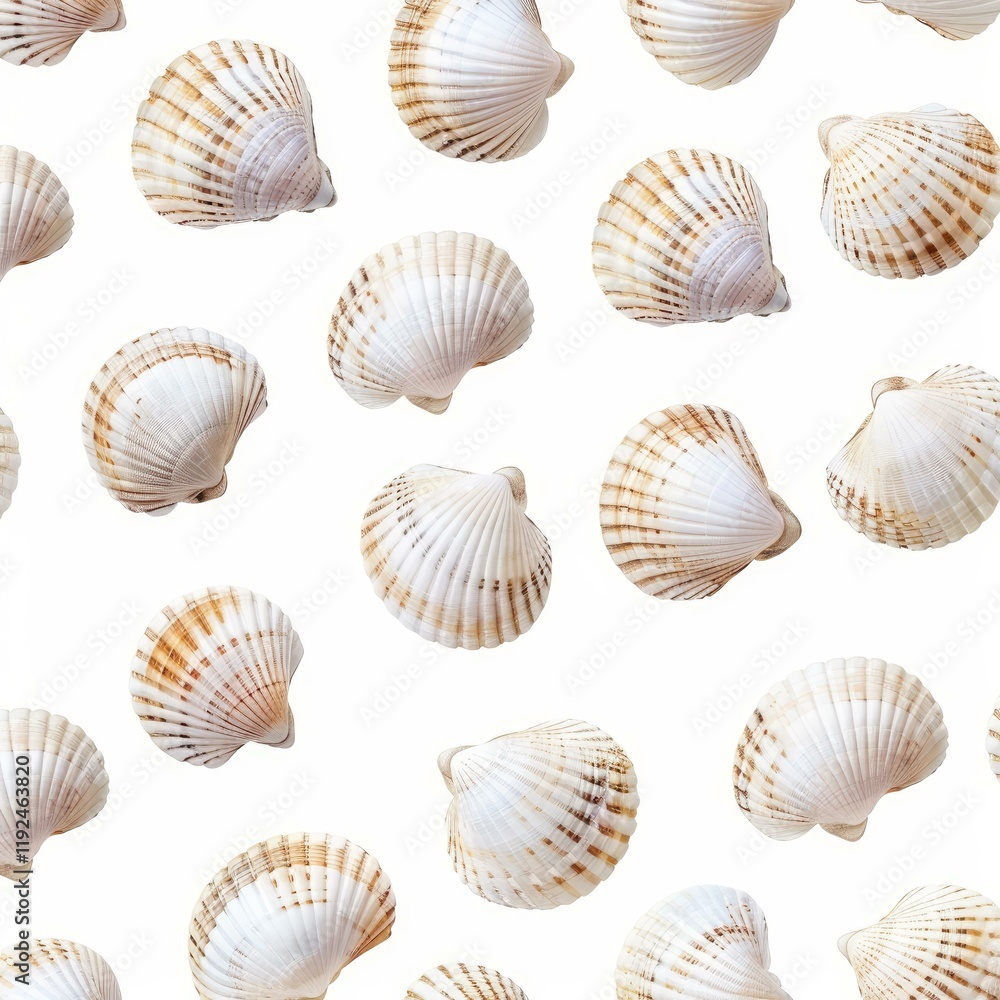 Repetitive pattern of beautiful common cockle seashells isolated on white composing a summer marine background Repetitive pattern of beautiful common cockle seashells isolated on white composing a summer marine background