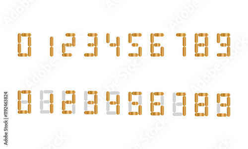 Digital numbers gold set for electronic watches, calculators or any other devices with lcd screens. Vector illustration