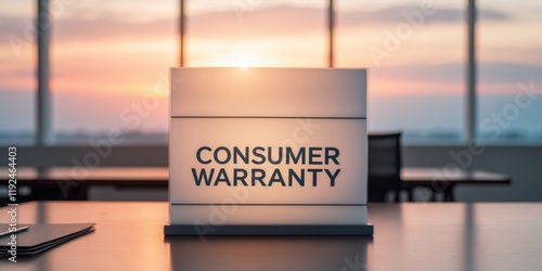 Consumer Warranty Sign on Office Table at Sunset