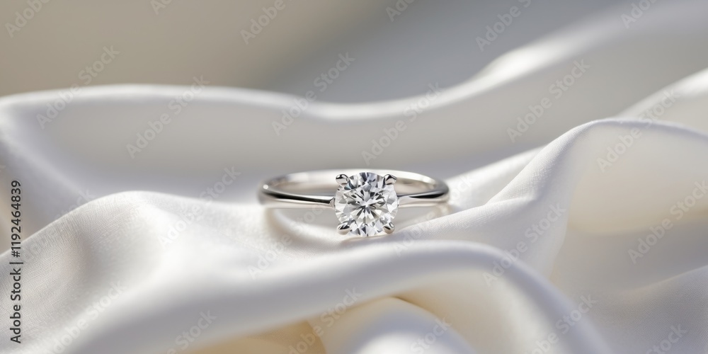A ring with a diamond sits on a white cloth A ring with a diamond sits on a white cloth