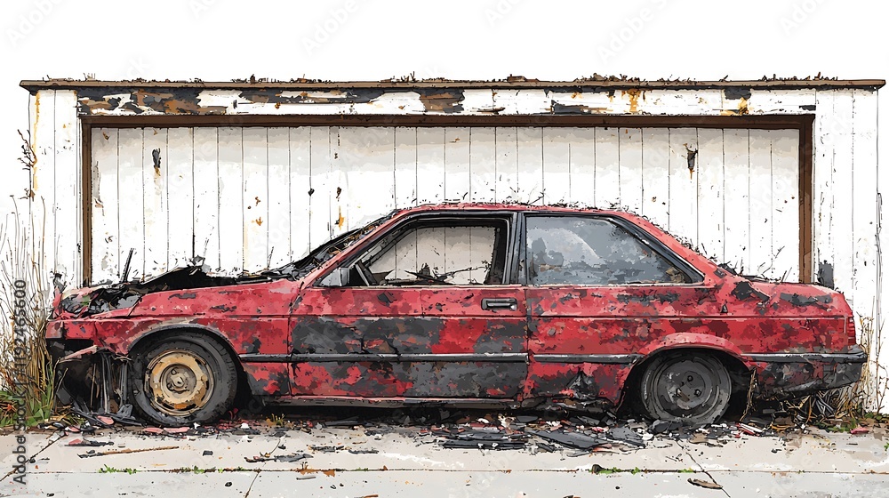 Obraz premium Burned-out Red Car Abandoned in Front of a Weathered Garage.