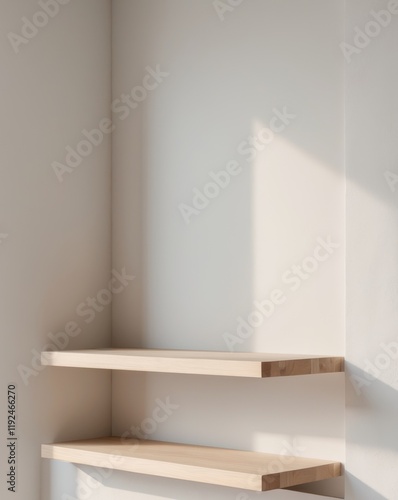 Wallpaper Mural Empty Light Wooden Shelf on White Wall Product Display Mockup Torontodigital.ca