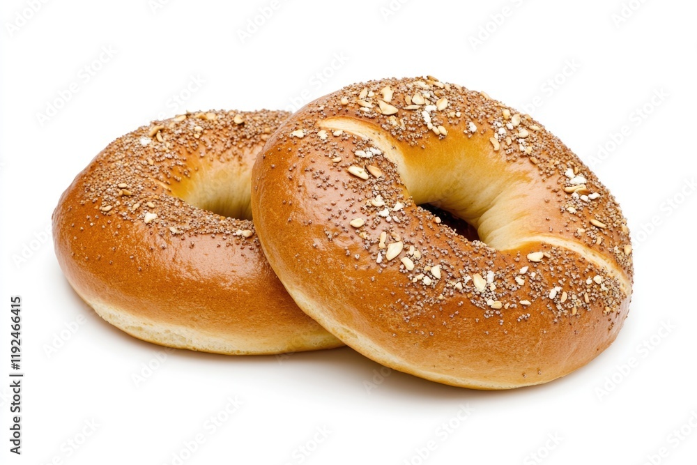A pair of bagels sitting on a clean white surface A pair of bagels sitting on a clean white surface