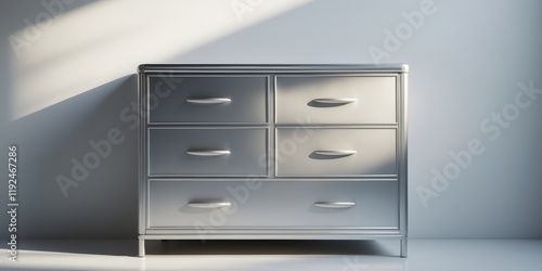 A silver metal dresser with four drawers photo