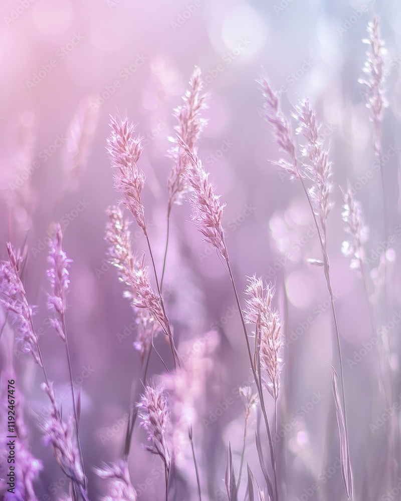 Naklejka premium Soft Focus Pink Grass Field with Bokeh Lights Background.