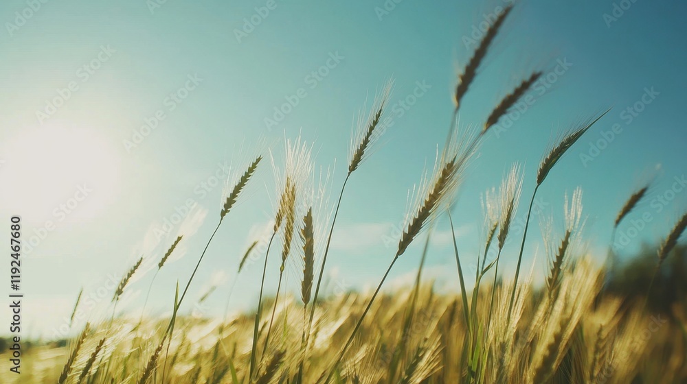 Golden wheat field sways gently in the breeze under a clear blue sky, with vibrant green leaves and tall stalks illuminated by sunlight Golden wheat field sways gently in the breeze under a clear blue sky, with vibrant green leaves and tall stalks illuminated by sunlight