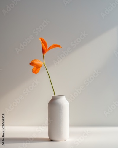 there is a small white vase with a single orange flower in it photo