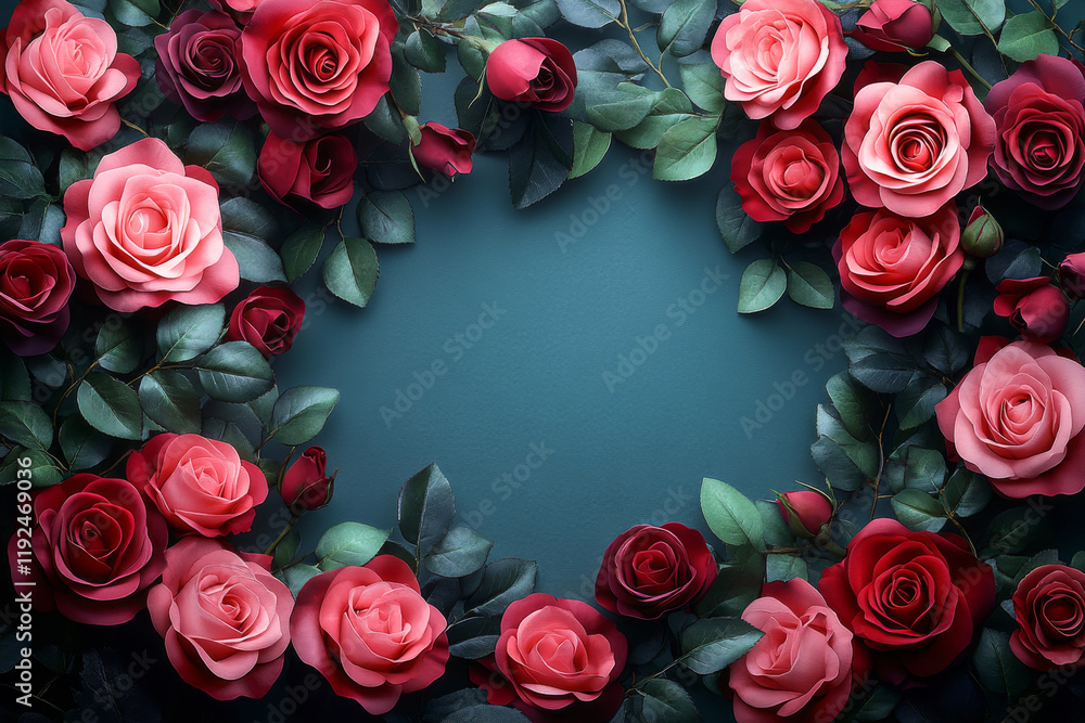 Red and pink rose floral frame with round copy space, Valentine's day greeting card Red and pink rose floral frame with round copy space, Valentine's day greeting card