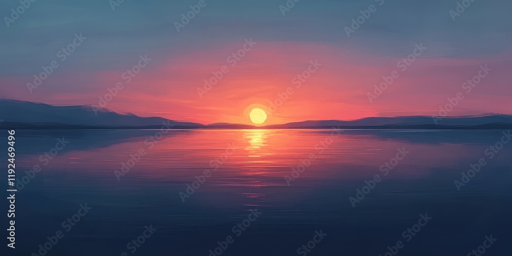 Obraz premium Serene Sunset Over Still Lake Vibrant Pink and Orange Hues, Painterly Digital Art