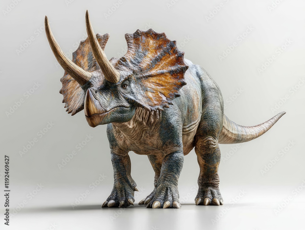 Obraz premium Majestic Triceratops on Display in a Studio Setting with Vibrant Lighting and Detailed Features