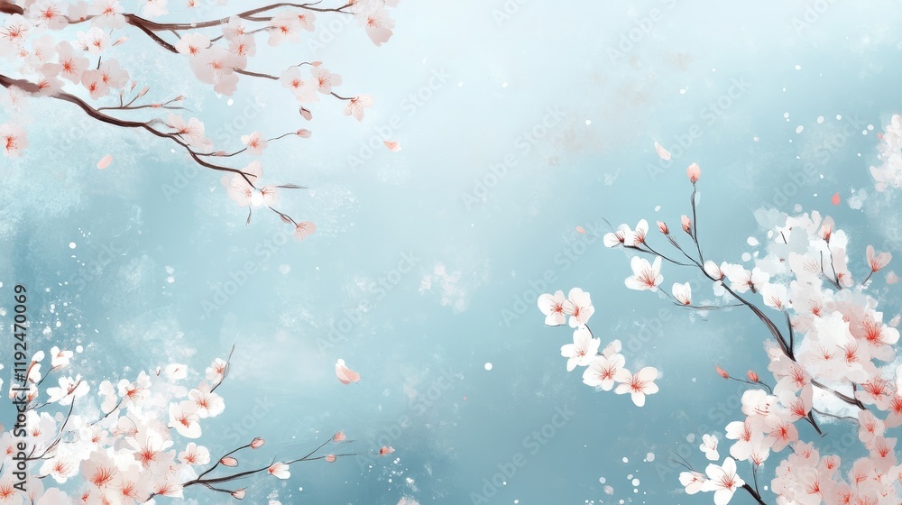 Delicate Cherry Blossom Branches Against a Soft Blue Background, Watercolor Painting. Delicate Cherry Blossom Branches Against a Soft Blue Background, Watercolor Painting.