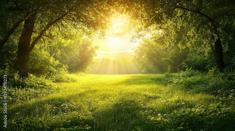 Obraz premium Enchanted Forest Clearing with Golden Sunlight Streaming Through Canopy.