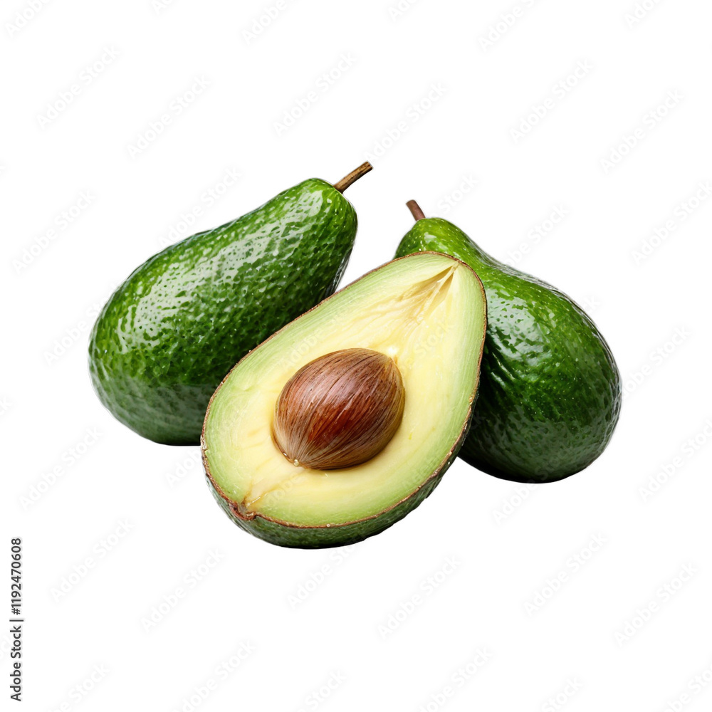 Avocado Delight: A close-up of three fresh avocados, one sliced to reveal the creamy green flesh and large seed, showcasing their vibrant colors and textures. Avocado Delight: A close-up of three fresh avocados, one sliced to reveal the creamy green flesh and large seed, showcasing their vibrant colors and textures.