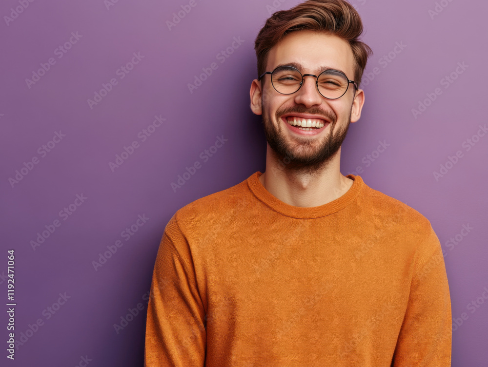 Fototapeta premium Portrait of a smiling man in her 20s standing on a solid color background, luminous, casual cloth