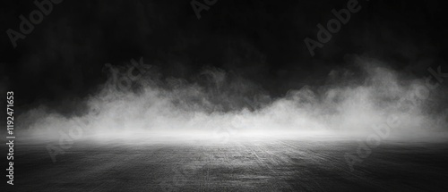 A minimalist black and white scene with white fog or smoke hovering over a dark reflective surface. Generative AI
