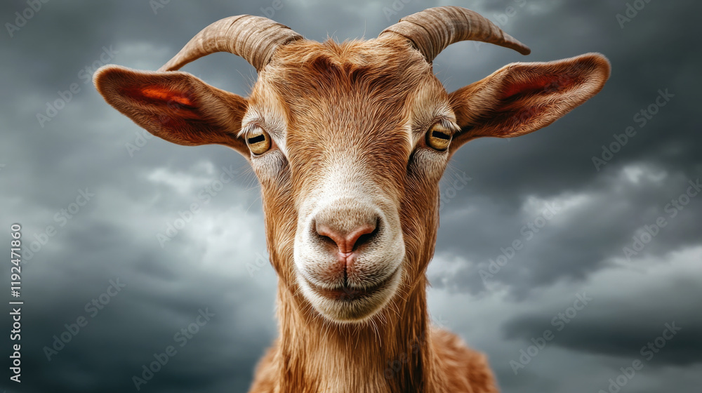 close up of goat with prominent horns against dramatic cloudy sky, showcasing its expressive features and unique personality close up of goat with prominent horns against dramatic cloudy sky, showcasing its expressive features and unique personality