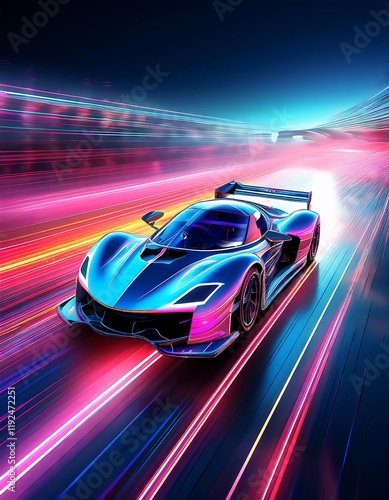 sport car on the road with motion blur background. 3d illustration