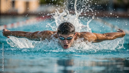 Competitive swimmer performing butterfly stroke in a swimming pool with intense focus