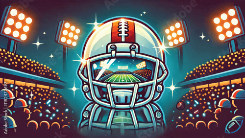 A flat-style close-up of a football helmet with reflections of the field and crowd lights 