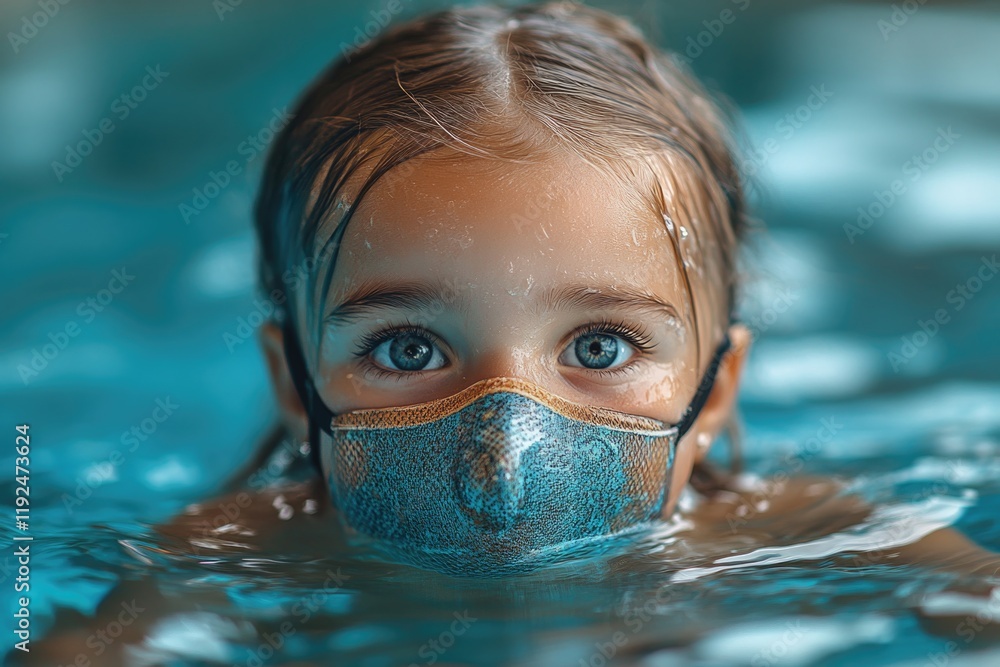 Fototapeta premium A young girl enjoying time in a pool while wearing a face mask