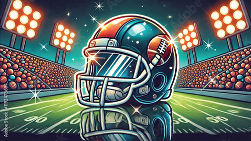 A flat-style close-up of a football helmet with reflections of the field and crowd lights 