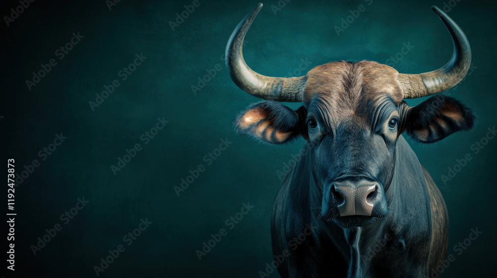 close up of majestic bull with prominent horns, showcasing its strong features and expressive eyes against dark, textured background. This captures essence of strength and beauty in nature close up of majestic bull with prominent horns, showcasing its strong features and expressive eyes against dark, textured background. This captures essence of strength and beauty in nature