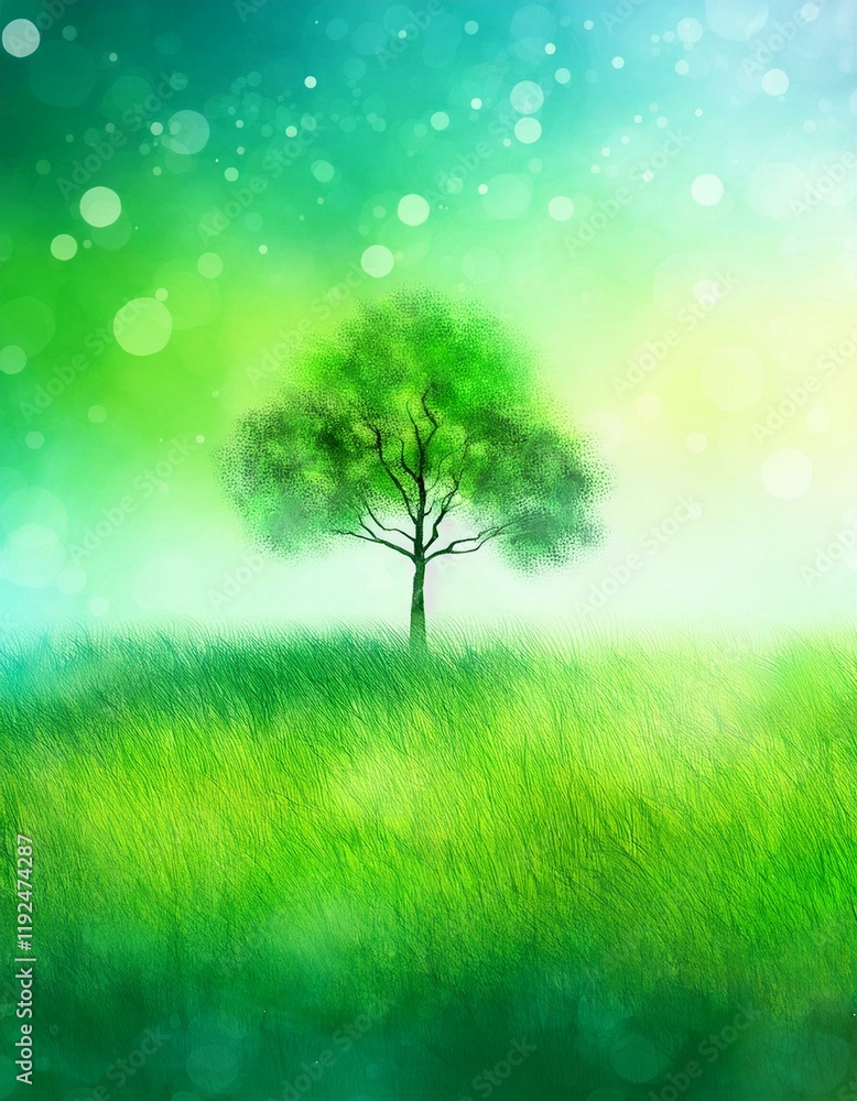 Fototapeta premium 美しい草原と木の風景画(緑)