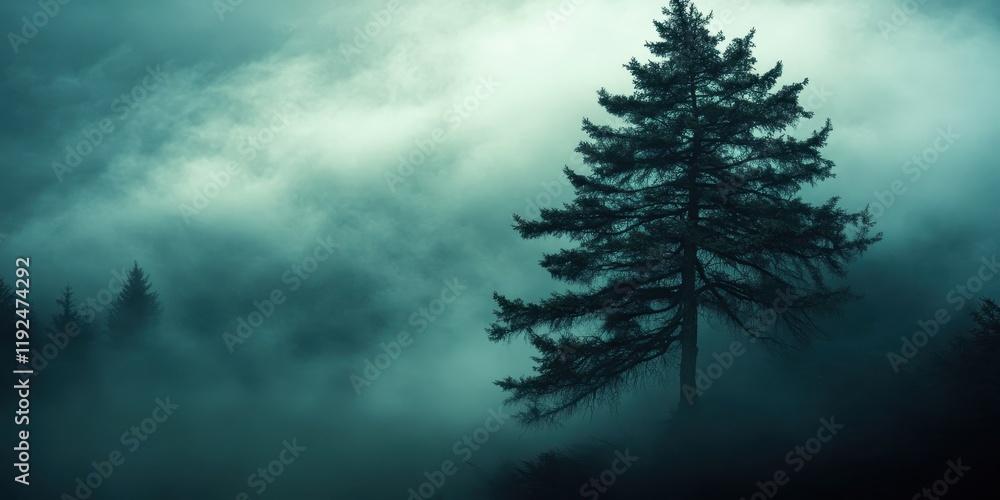 Obraz premium Moody Misty Forest with Silhouette Evergreen Trees.