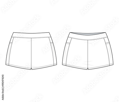 Active Performance Shorts Technical Fashion Illustration. Shorts Vector Template. Front and back View. Comfortable Fit. High-Waist Band. Functional Side Pockets. White Color. CAD Mockup.