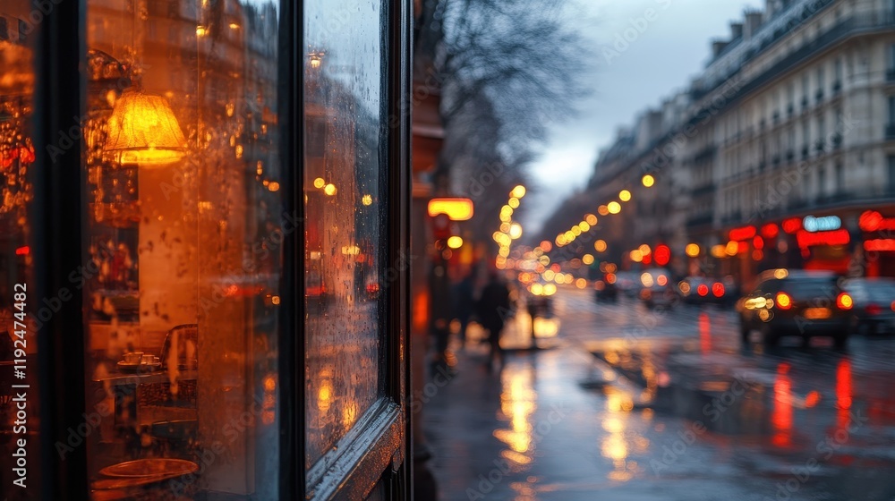 Fototapeta premium Rainy Evening in Paris Cozy Cafe Interior Reflecting on Wet Streets with Blurred City Lights.
