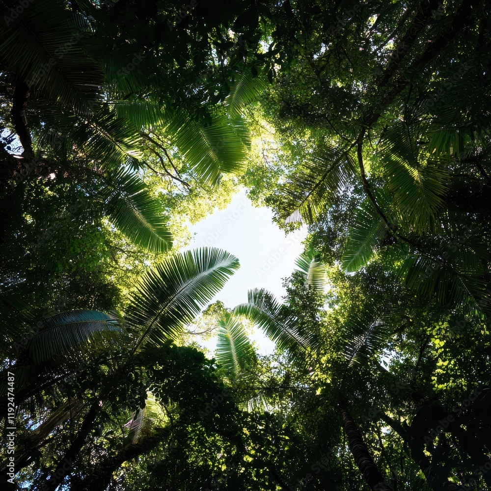 Obraz premium Lush Tropical Rainforest Canopy Looking Up at Sky, Sunlight Filtering Through Dense Foliage.