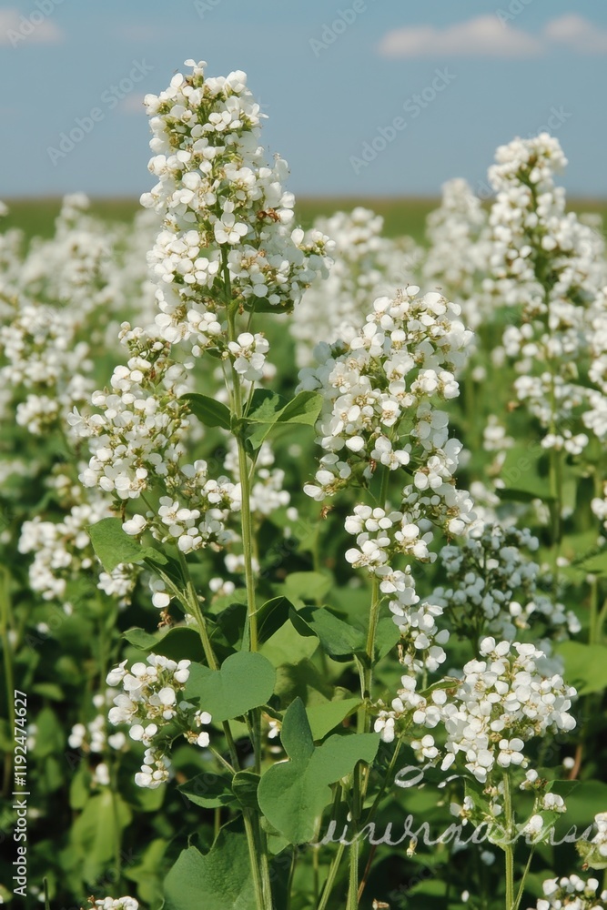 Field of white buckwheat flowers swaying gently under a bright blue sky in a rural meadow Field of white buckwheat flowers swaying gently under a bright blue sky in a rural meadow
