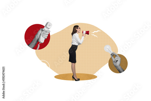 Collage artwork of bossy lady screaming vintage phone giving new startup ideas isolated beige color background photo