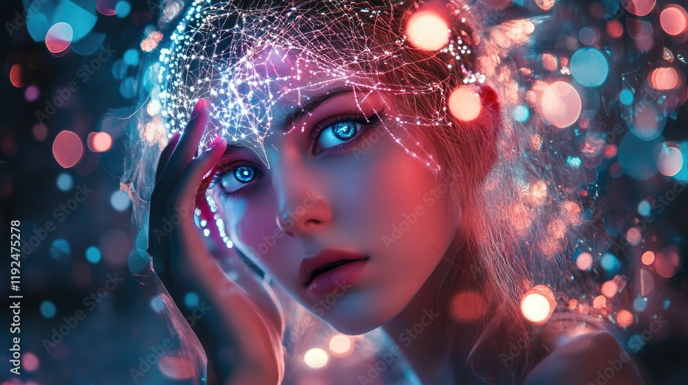 Enigmatic Portrait: A Woman Illuminated by Neon Lights and a Web of Light Enigmatic Portrait: A Woman Illuminated by Neon Lights and a Web of Light