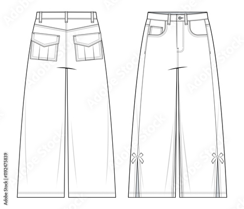 Wide-Leg Bow Hem Denim Pants Technical Fashion Illustration. Pants with Decorative Bow tie Hem Detail with Side Slits Vector Template. Front and back View. Five-Pocket Design. Women’s Wear. CAD mockup