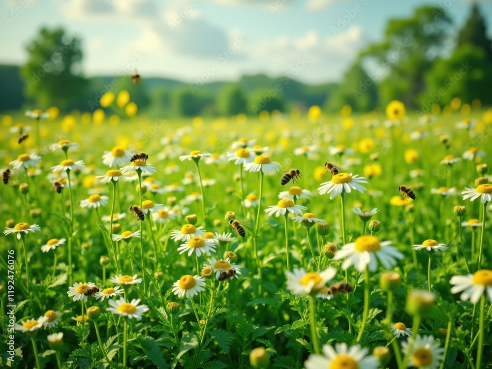 Fototapeta premium Honeybees Pollinating Daisies in a Field