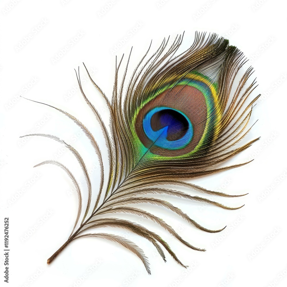 Obraz premium Beautiful peacock feather lying isolated on white background, displaying its vibrant colors and intricate details