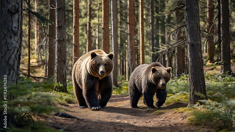 One big bear and two small bears walking in a forest, Generative AI One big bear and two small bears walking in a forest, Generative AI