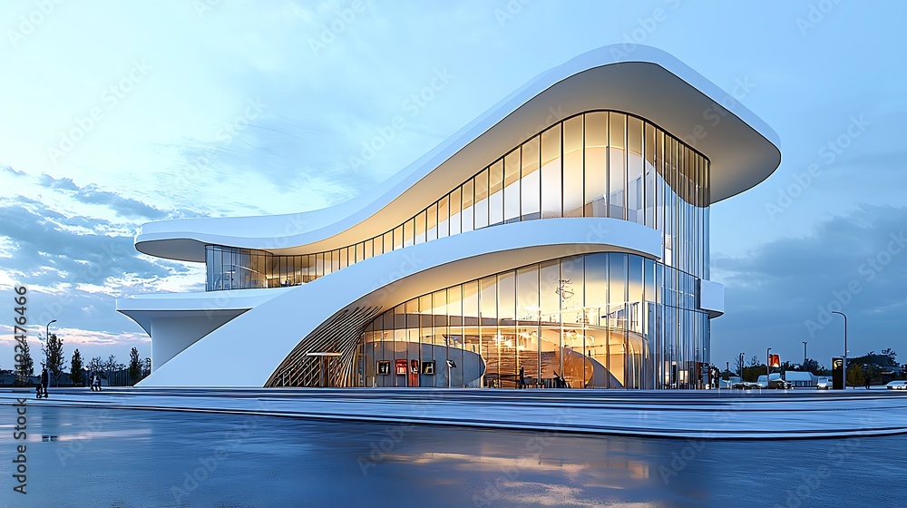 Naklejka premium Modern, Curvilinear Glass and White Building at Dusk.