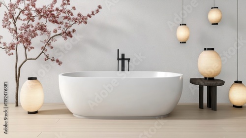 Modern Bathroom with Soaking Tub and Elegant Lanterns in Serenity