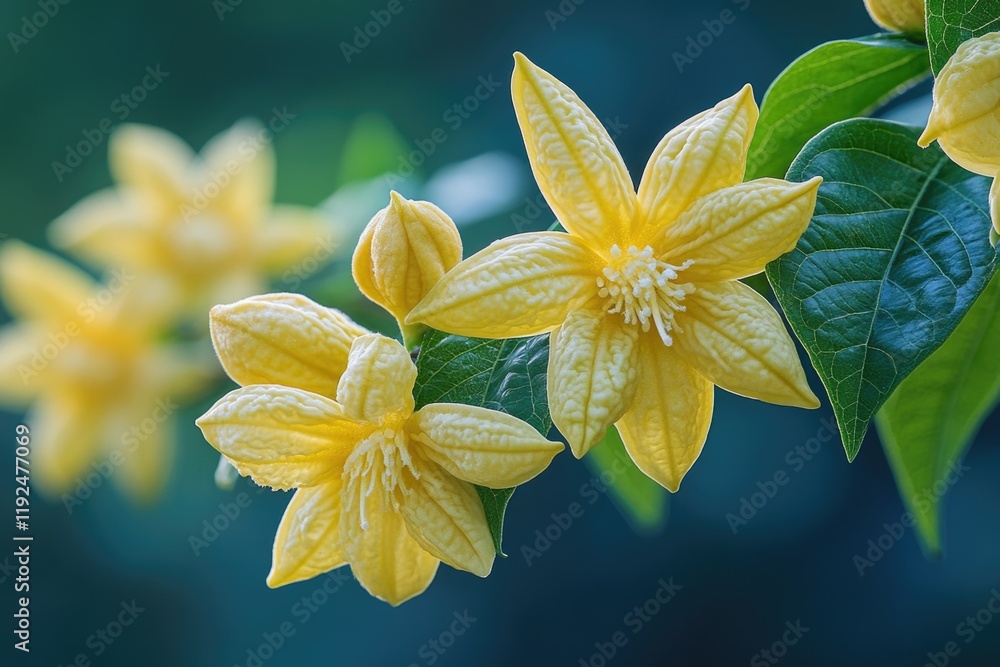 Fototapeta premium Close-up shot of bright yellow flowers with green leaves
